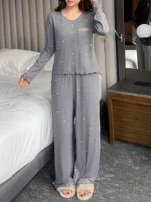 DAZY 2pcs/Set Women Ditsy Floral Long Sleeve Pajama Set, Spring, Fall Winter Clothes - Grey - View 3