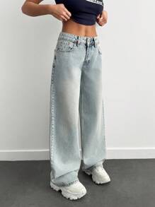 EURMUSE 100% Cotton SUPER LOW RISE WIDELEG CUT Y2K JEAN - Baby Blue - View 1