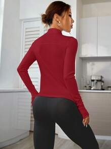 Easithlete Solid Color Stand Collar Long Sleeve Fitted Sweatshirt - Burgundy - View 2