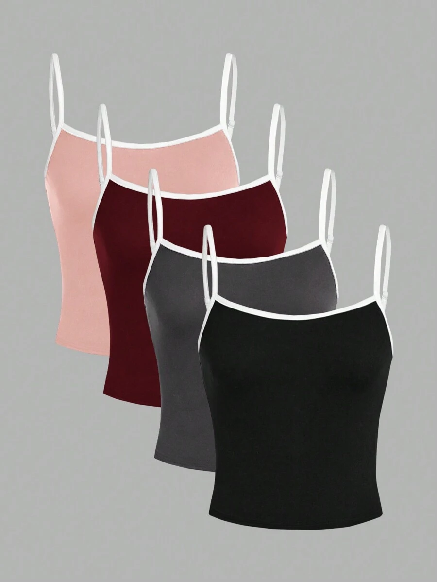 SHEIN Essnce 4pcs/Set Versatile Solid Color Women Camisole Vests, Black & White, Suitable For Spring & Summer Back To School - Multicolor - View 1