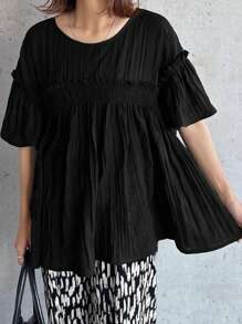 FRIFUL Top Preta Solta Plissada Feminina, Top de Verão - Preto - Visão 3
