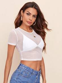SHEIN BAE Sheer Mesh Crop Top Without Bra - White - View 6