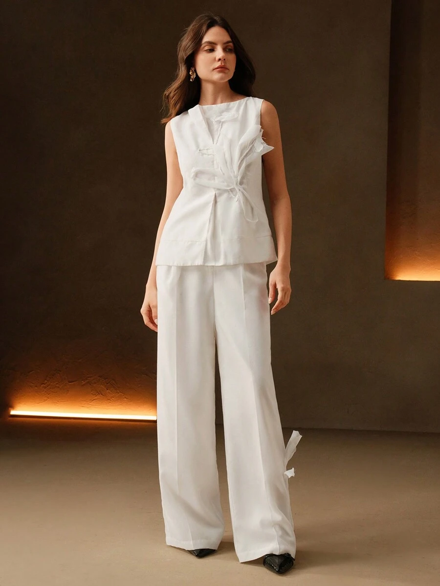 Anewsta Pantaloni di lino a vita alta, dritti, di nuova concezione per la primavera e l'estate, decorati a mano con fiori 3D, abiti pudici per donne - Bianco - Visualizzare 1