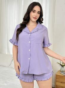 Dream Adore Conjunto de pijama de talla grande con chaqueta tipo cárdigan de unicolor con textura de burbujas, cuello vuelto y mangas cortas, y pantalones cortos