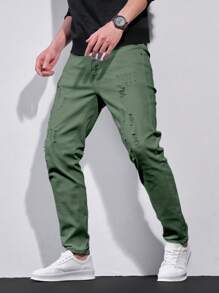 Manfinity Roughcore Men's Casual Solid Color Distressed Tapered Leg Jeans - Army Green - View 7