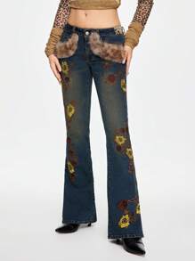 ROMWE J-Fashion Y2K Gyaru Himekaji 风格女式低腰喇叭豹纹毛绒牛仔裤，秋冬款 - 深色水洗藍 - 查看 6