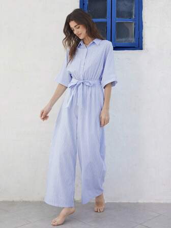 EMERY ROSE Women Striped Batwing Sleeve Casual Wide Leg Shirt Jumpsuit