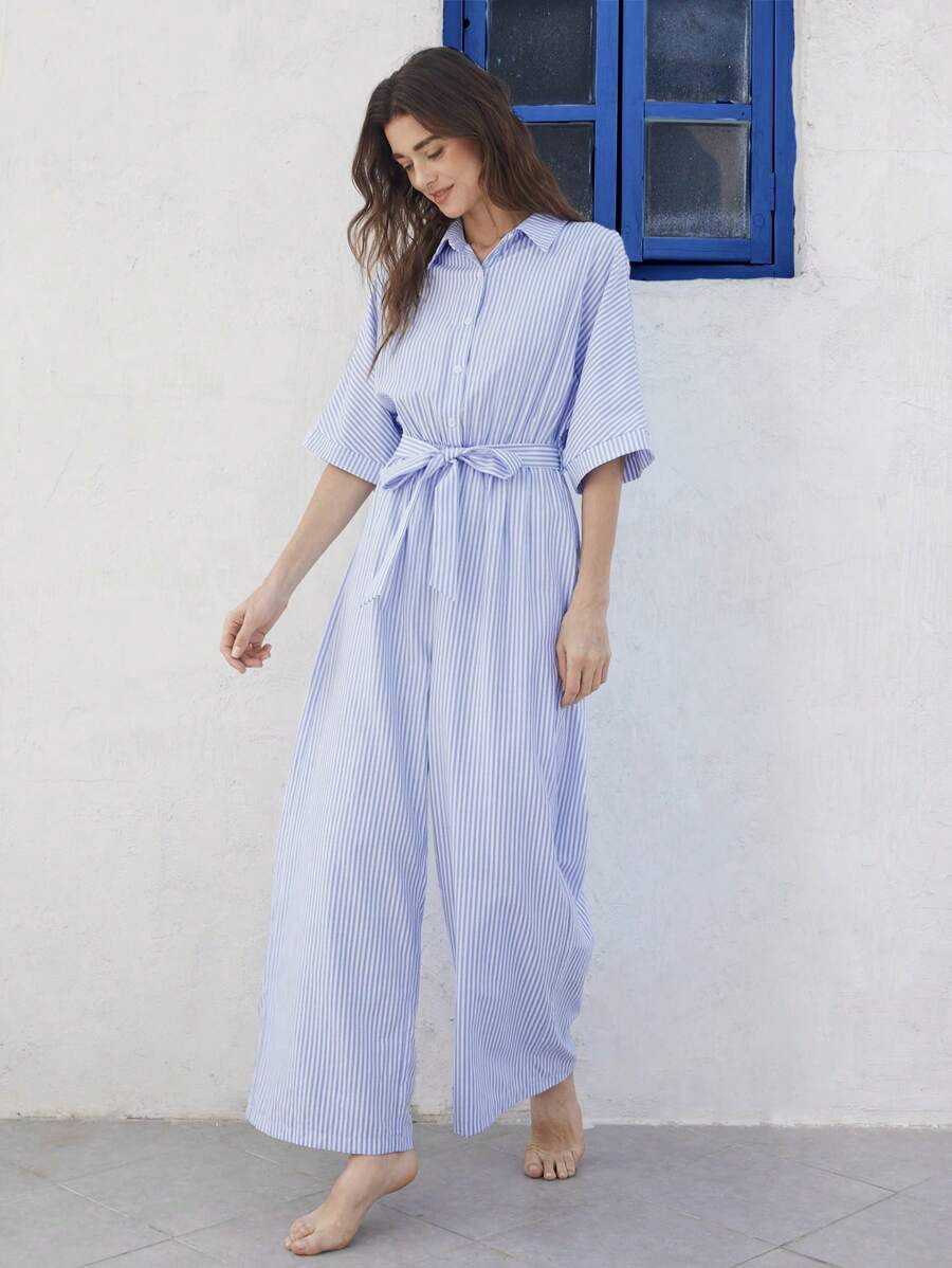EMERY ROSE Women Striped Batwing Sleeve Casual Wide Leg Shirt Jumpsuit - Blue and White - View 1