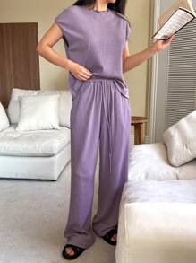 DAZY 2 件套柔软纯色宽松舒适女士睡衣套装 - 紫色 - 查看 4