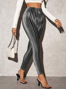 SHEIN Clasi Women's Fashion Contrast Stripe Slim Leggings - Black and White - View 1
