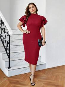 SHEIN Clasi 大码女式荷叶边袖立领绿色连衣裙 - 玫瑰紅 - 查看 1