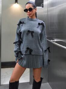 EURMUSE Set di 2 pezzi da donna, composto da maglione con dettaglio fiocco 3D e gonna plissettata, coordinato