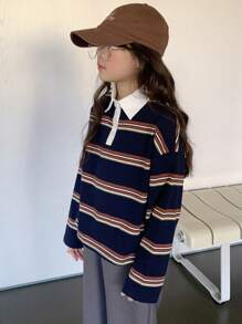 Dazy Kids Tween Girl Turndown Collar Color Block Striped Long Sleeve T-Shirt, Spring,Back To School Clothes - Navy Blue - View 3