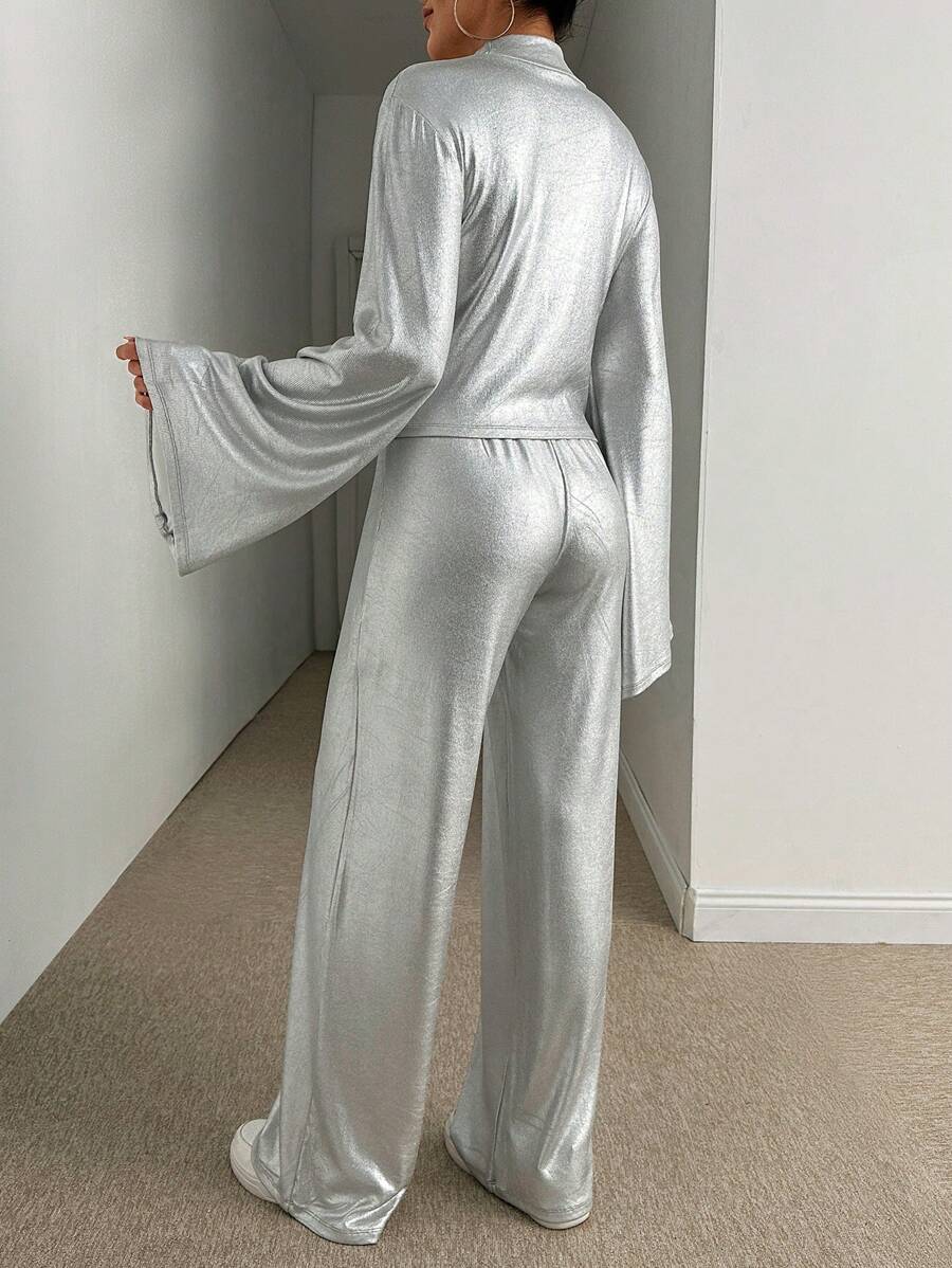 EURMUSE Silver Foil Printed Rib, Flare Sleeve Turtle Neck Top With Flare Pant - Silver - View 1