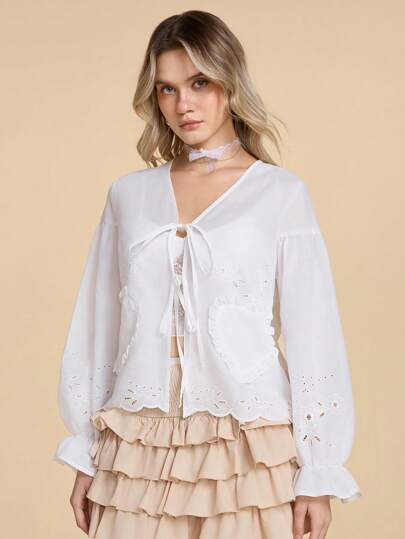 Kawaii Romantische, süße Bluse für Frauen mit Schleifenkragen, Trompetenärmeln und Druckschultern für den Valentinstag