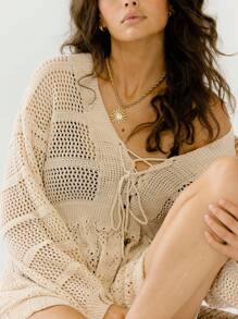Aralina 奶油色系带前钩针卡夫坦迷你海滩罩衫连衣裙 - 米色 - 查看 3