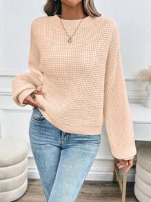 SHEIN LUNE Women's Solid Color Crew Neck Long Sleeve Casual Sweater - Dusty Pink - View 6