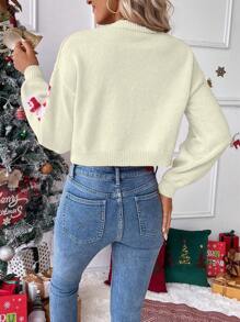 SHEIN Unity Christmas Atmosphere Vintage Fluffy 3D Snowman Graphic Casual Loose Short Sweater Coat, Autumn/Winter Fall Cloth For Women - Beige - View 2