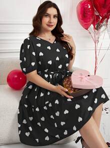SHEIN Clasi Plus-Size Elegant Love Print Valentine's Day Puffy Sleeve Heart Print Dress, Summer Outfits For Women