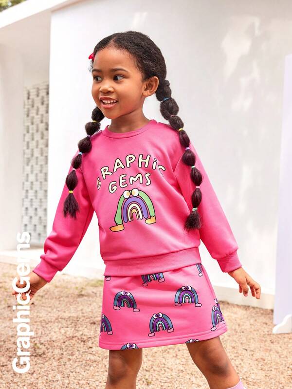 Set de 2 piezas de sudadera con estampado de arcoíris de dibujos animados y falda con estampado total para niñas jóvenes