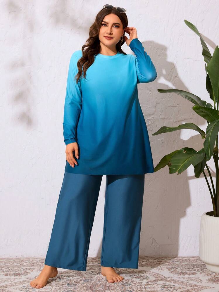 Swim Mulvari 2pcs Plus Size Women's Ombre Color Block Print Long Sleeve Round Neck Loose Modest Burkini Swimsuit Set, Casual Resort Wear SummerArabic Clothing - Blue - View 6