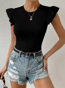 SHEIN PETITE Dames Casual Effen Kleur Ronde Hals Cap Mouw T-shirt, Zomer