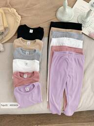 SHEIN 6pcs/Set Baby Girl Cute Knitted Elastic Waist Solid Color Leggings, Autumn/Winter
