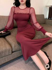 DAZY 红色波点网纱鸡尾酒裙，性感抽绳修身中长款派对连衣裙，适合新年、情人节、舞会、秋季圣诞节等场合穿着，优雅女装。 - 紅色 - 查看 10