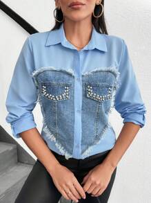 SHEIN Women Blouse With Denim Fabric Patchwork, Hear Shape, Diamond Embellishment, Open Placket