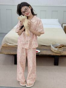Dazy Kids Set 2 buc. pijama pentru fete, mărime mare, cu guler Peter Pan, bluză țesută cu mânecă scurtă + pantaloni țesuți cu imprimeu, primăvară/vară
