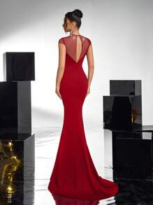 Glamrae Elegant Red Mesh Sheer Rhinestone Patchwork V-Neck Padded Waist Slimming Backless Sheer Hollow Out Fishtail Floor Length Gown, Suitable For Dating, Single, Vacation, Prom, Wedding Party, Wedding Guest Dress, Formal Dress, Evening Dress