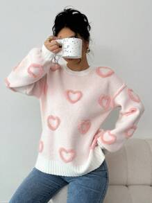 Chiquease Suéter de punto informal con gráfico de corazón rosa