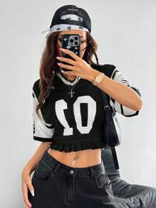 Coolane Tween 女童秋季 Y2K 运动数字图案足球球衣褶皱 T 恤 - 黑色 - 查看 3