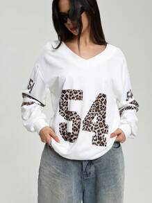 StreetHx Women's Sports Streetwear Color Blocking Leopard Print Sweatshirt Pullover Fall Sweatshirt - White - View 5