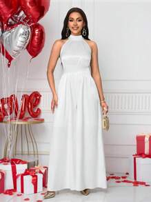 SHEIN Unity Mono elegante sin mangas de pierna ancha y cuello halter de unicolor para el Día de San Valentín para mujeres - Blanco - Ver 4