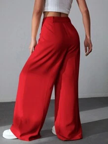 SHEIN EZwear 女式直筒纯色口袋休闲红色长裤，适合日常穿着 - 紅色 - 查看 2