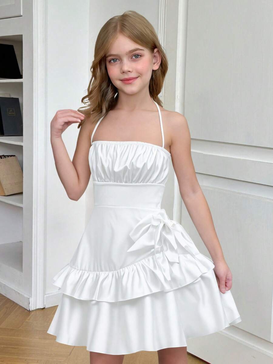 SHEIN Robe mi-longue ajustée décontractée simple et confortable pour préadolescentes, avec volants à la taille, sans manches, blanche. Robe de demoiselle d'honneur - Blanc - View 1