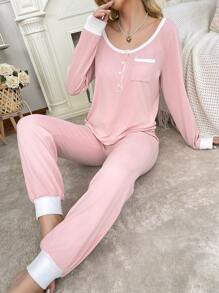 女士 2 件套休闲家居服套装：长袖拼色纽扣半襟上衣和裤子