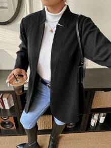 Calvaya Plus Size Women Solid Color Long Sleeve Open Front Casual Jacket, Autumn/Winter - Black - View 6