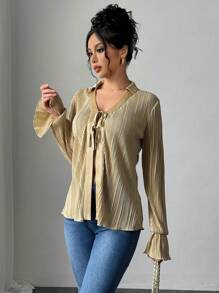 SHEIN Unity V-Neck Long Sleeve Tie-Front Pleated Loose Blouse For Women - Khaki - View 3