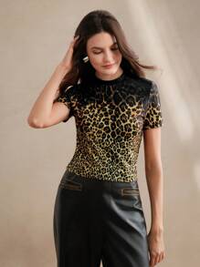Anewsta Women Stylish Leopard Print Mock Neck Slim Fit Knit Top
