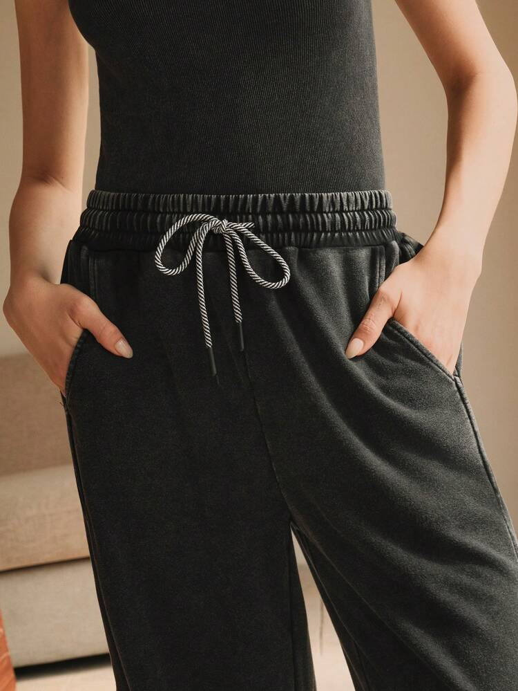 Ladies' Versatile Knitted Sweatpants For Autumn And Winter, American Wide Leg Sand-Wash Black Sweatpants , Graduation, Teacher For Women, Back To School