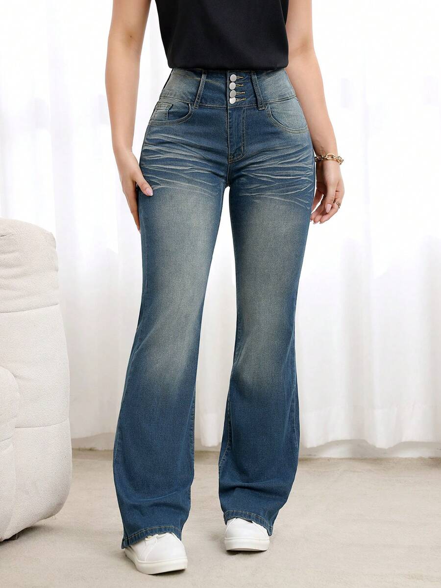 SHEIN LUNE Women's Pocketed Button Fly Flared Casual Denim Jeans - Blue - View 1