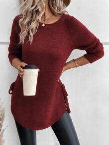SHEIN LUNE Raglan Sleeve Knot Side Jumper - Burgundy - View 7