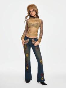 ROMWE J-Fashion Y2K Gyaru Himekaji 风格女式低腰喇叭豹纹毛绒牛仔裤，秋冬款 - 深色水洗藍 - 查看 4