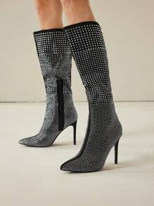 MOTF PREMIUM WOMEN'S FASHION RHINESTONE HIGH HEEL POINTED KNEE-HIGH BOOTS FOR CHRISTMAS AND NEW YEAR HOLIDAY VIBE FALL AND WINTER - Black - View 3