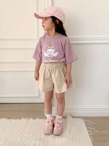 DAZY 2pcs Young Girl Round Neck Short Sleeve Printed Simple Top And Shorts Set,Girls Summer Outfits - Purple - View 3