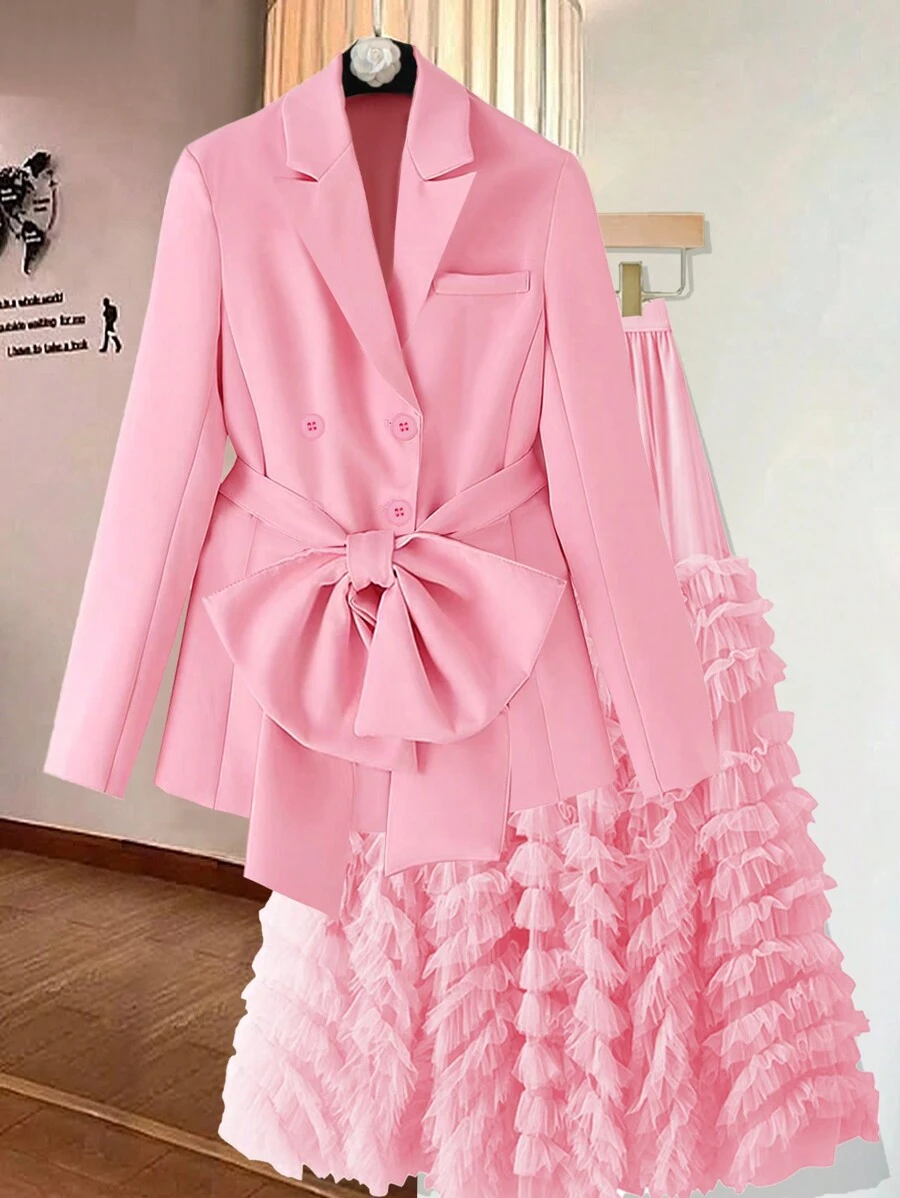 Franclia 1 Women's Casual & Elegant Blazer Jacket With Waist Belt & Butterfly Decor