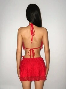 SHEIN ICON 2pcs/Set Lace Padded Bralette + Wrapped Slit Hem Skirt, Fitted - Red - View 2