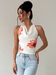 SHEIN Privé Valentine Day Women's Elegant Minimalist Charm Fashion Sexy Party & Music Festival Vibe Mesh Floral Print Halter Plunging Neck Backless Bodycon  Tank Top